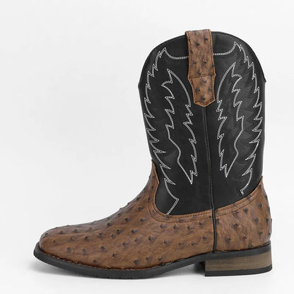 Men's black square toe denim-style motorcycle boots with mid-calf shaft and low wedge heel.
