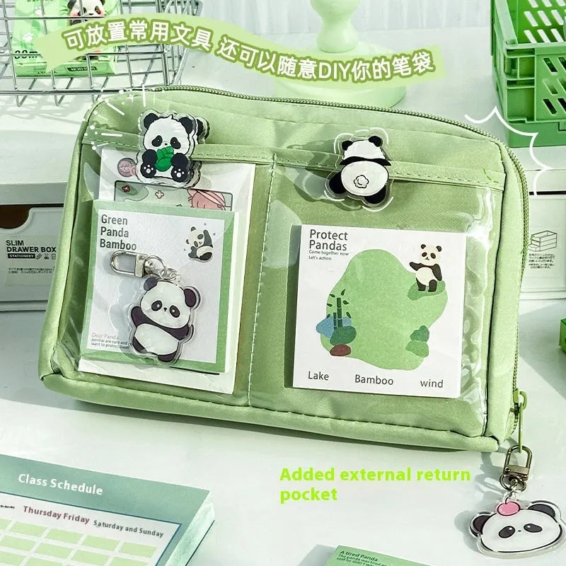 Green canvas pencil case with 12 layer panda design and multiple compartments for stationery organisation