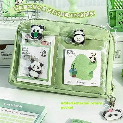Green canvas pencil case with 12 layer panda design and multiple compartments for stationery organisation