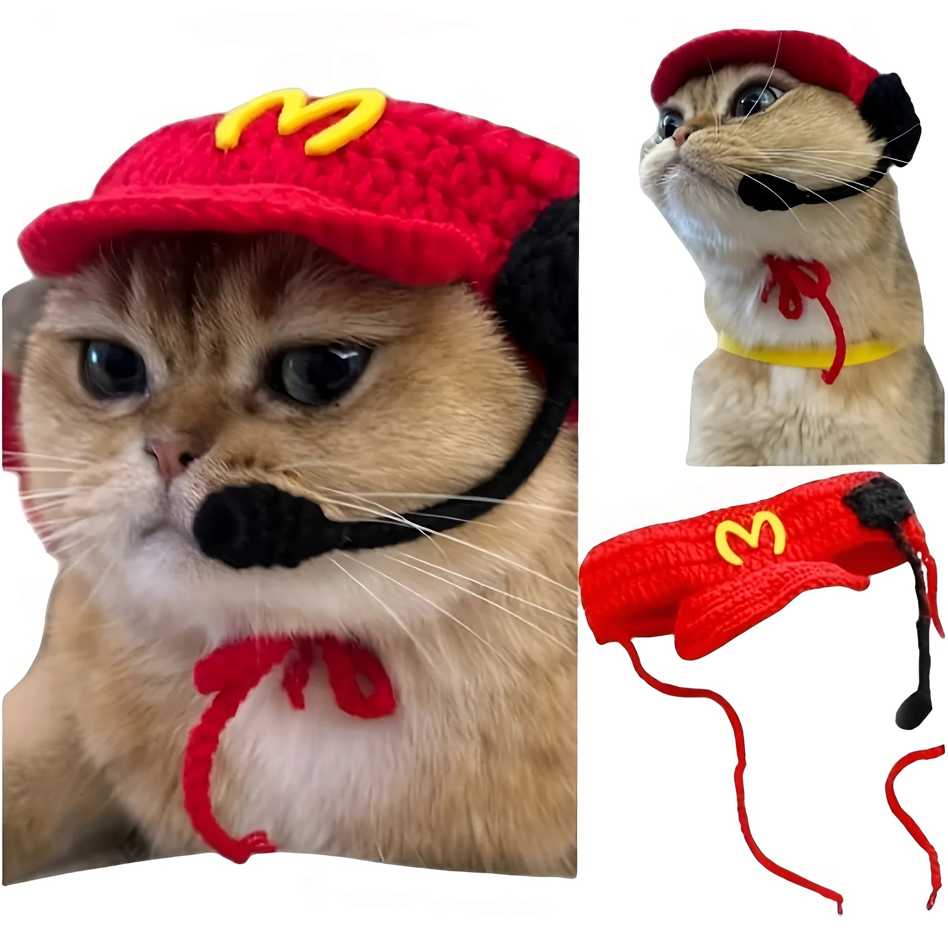 Handmade knitted cotton sweater and chef hat costume on a small cat or dog