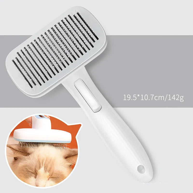 Blue automatic pet comb with one-click button for removing dog and cat hair on a table.