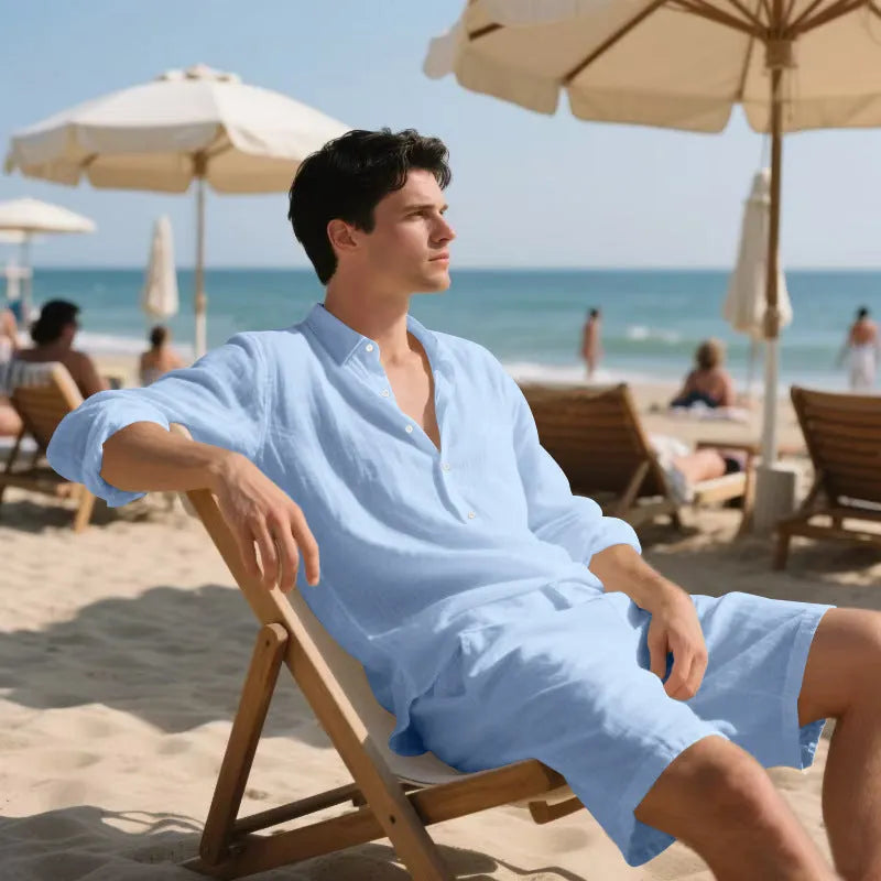 Linen long sleeve shirt and shorts casual suit set shown in available colours: white, black, khaki, light blue, gray.