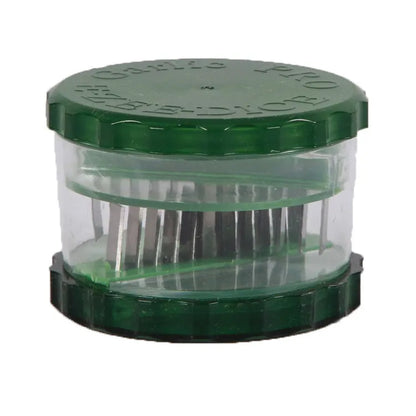 Transparent green garlic peeler measuring 8.5 by 8.5 by 6 centimetres with garlic cloves visible inside