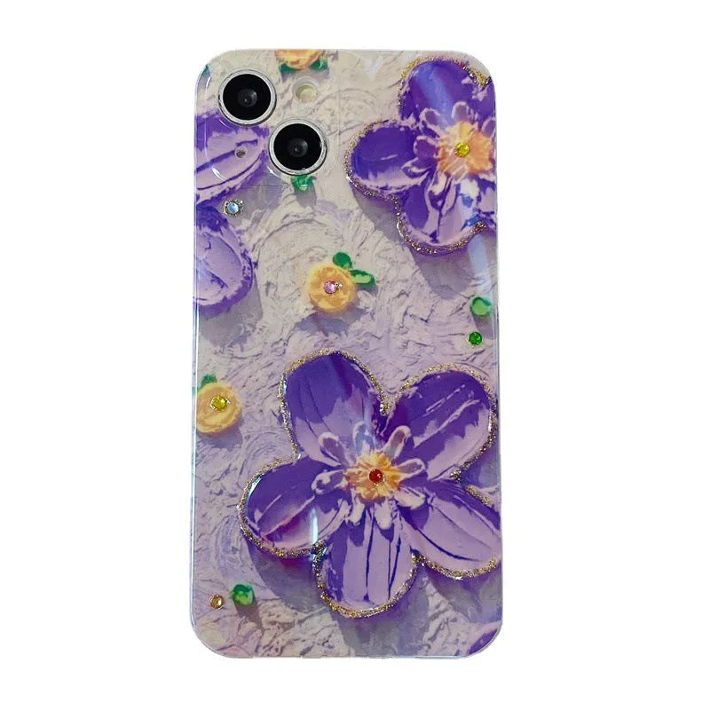 Purple and yellow soft silicone phone case with oil painting flower design and diamond drop glue decoration