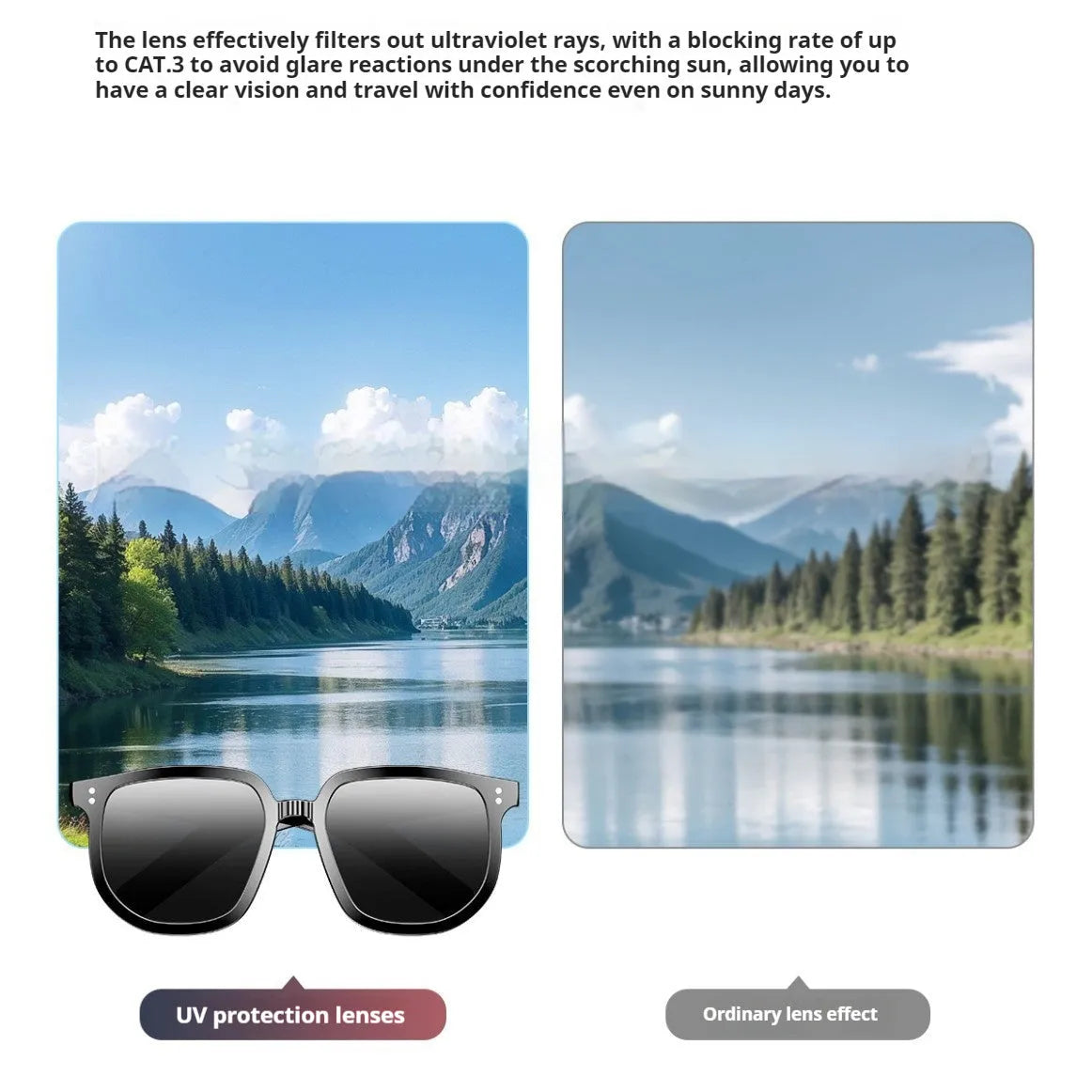 Black AI smart glasses with Bluetooth audio, touch controls on temple, and UV-protective lenses.