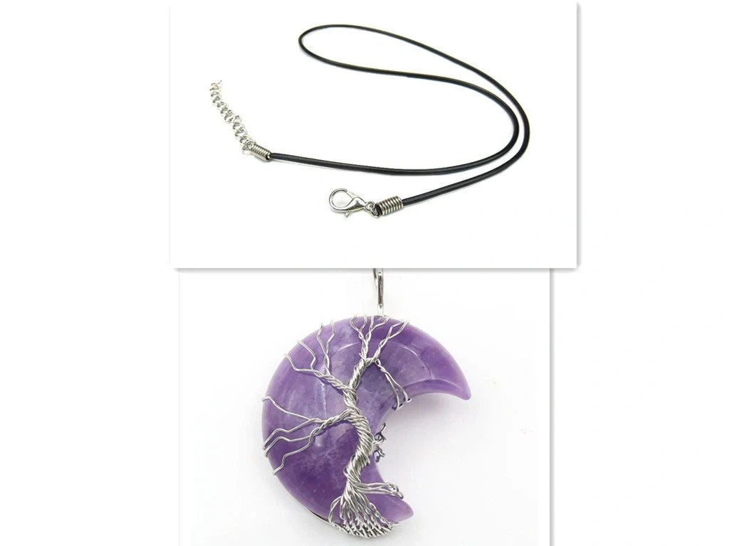 Handmade moon-shaped Tree of Life pendant necklace in natural crystal stone
