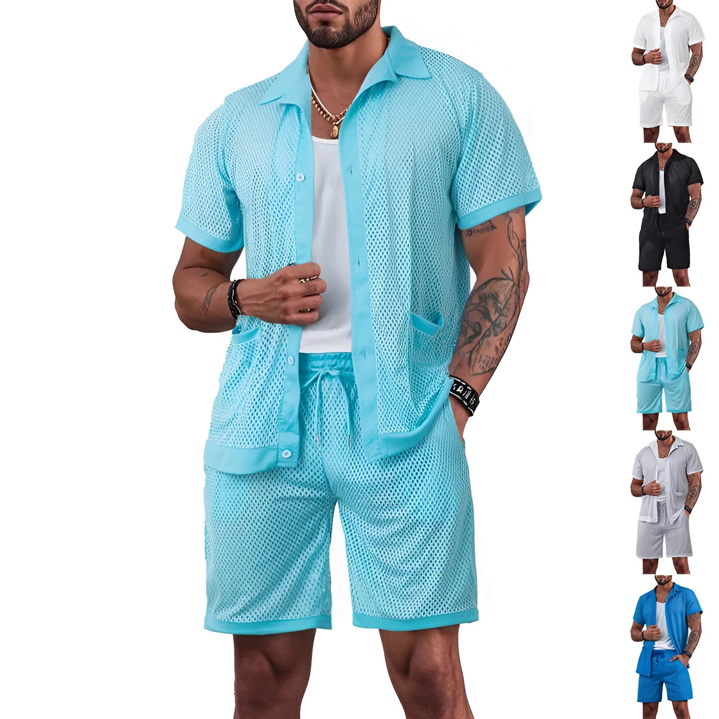 Light blue see-through beach shorts suit with matching cardigan on a summer background.