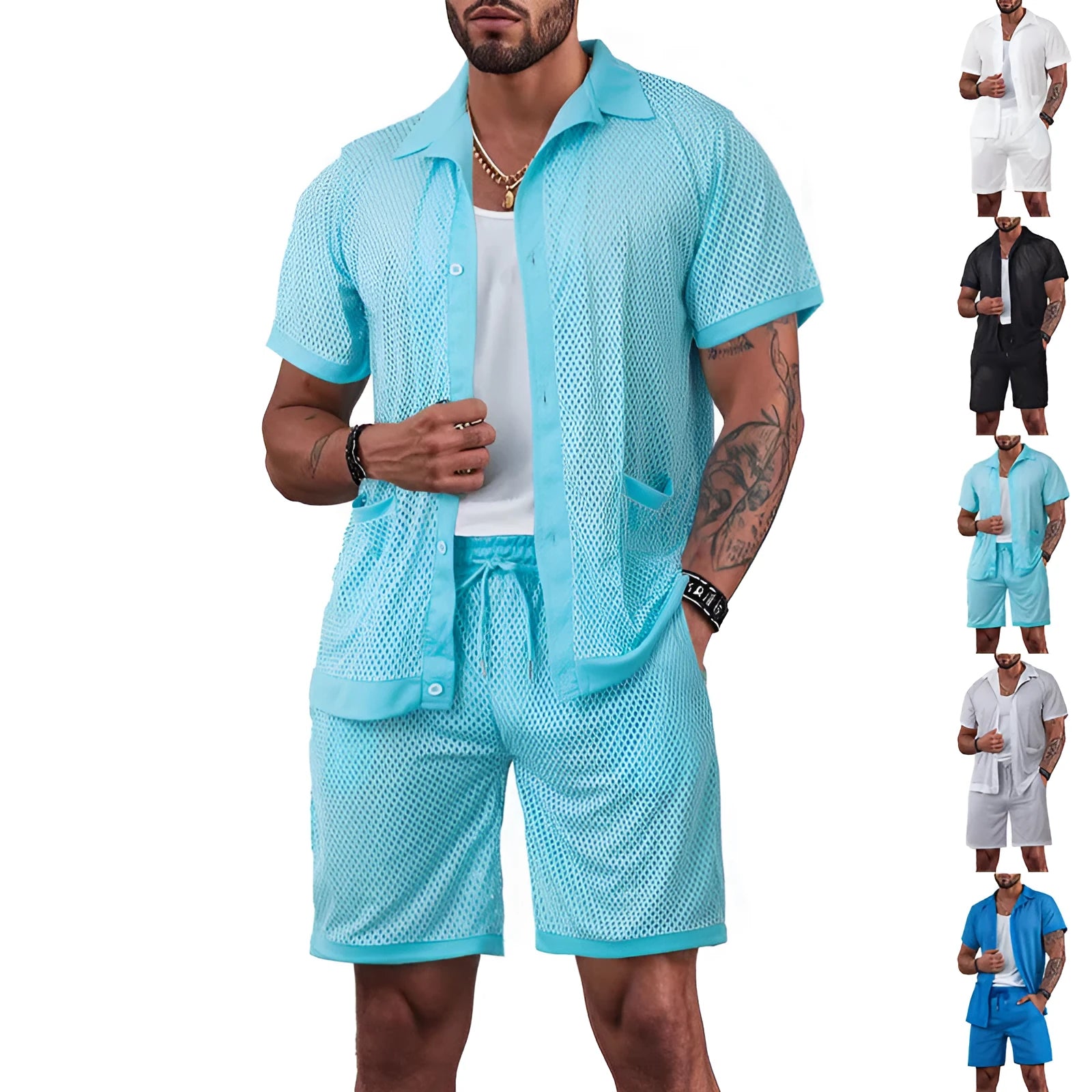 Light blue see-through beach shorts suit with matching cardigan on a summer background.