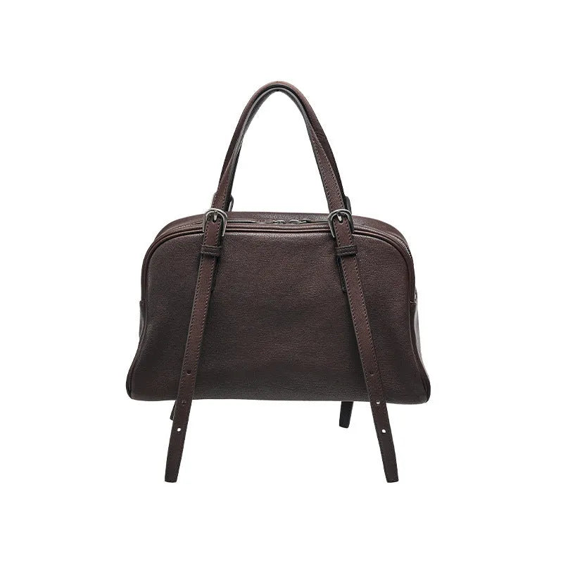 Women's retro casual genuine leather shoulder bag in horizontal square shape with double straps