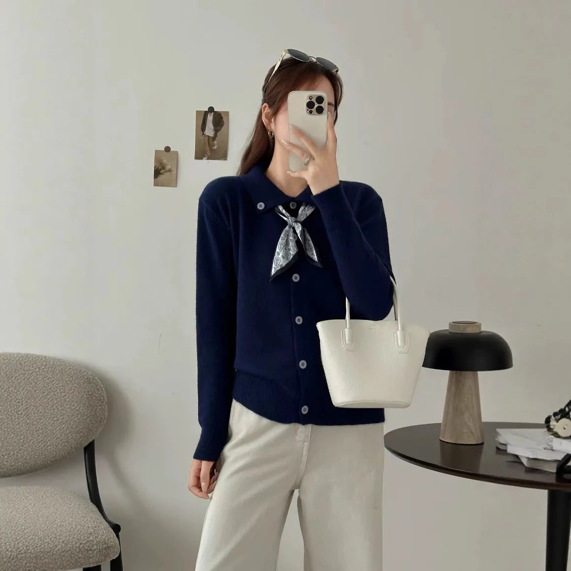 Lazy Fashion grey cardigan sweater with an attached scarf lapel, long sleeves, and an oversized free-size fit.