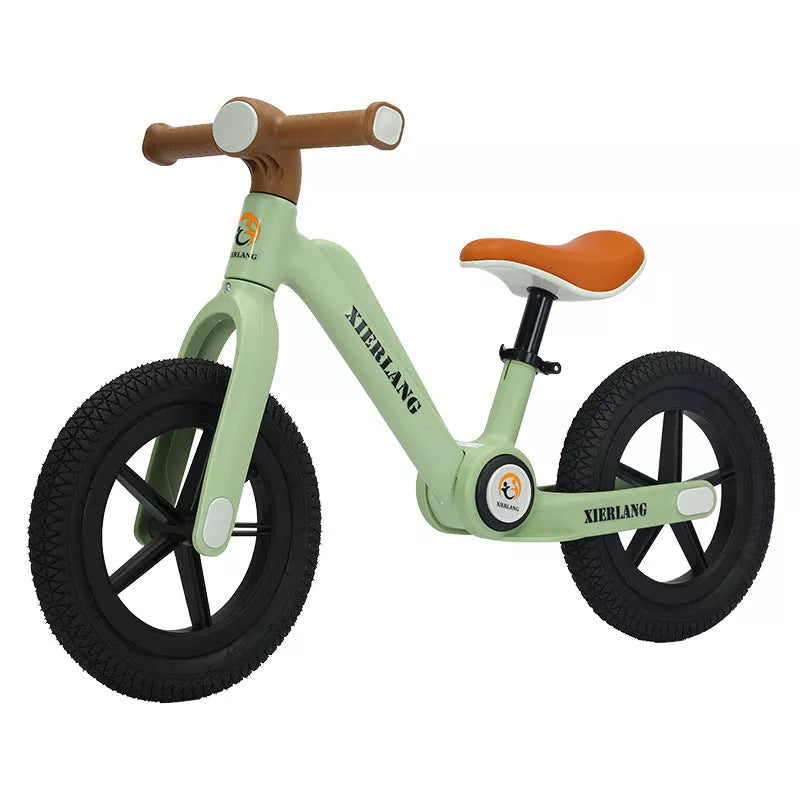 Foldable kids balance bike in grass green, light brown, or pink purple
