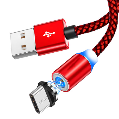Black magnetic charging cable with connectors for Android, Type C, and Apple devices on a white background