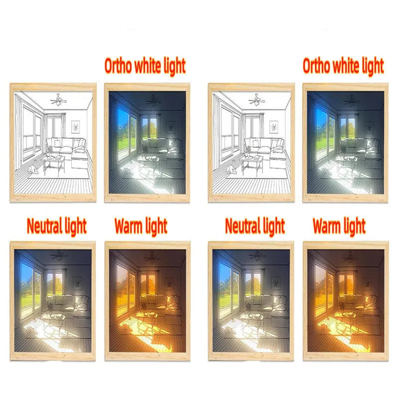 Illuminated acrylic LED decorative light painting showing a sunshine scene, with USB cable and button switch.