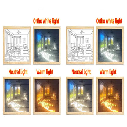 Illuminated acrylic LED decorative light painting showing a sunshine scene, with USB cable and button switch.