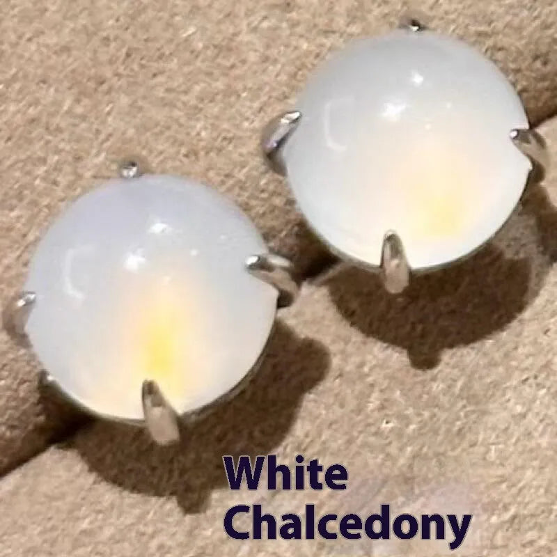 Chinese style chalcedony stud earrings with four-claw setting in emerald green, pink purple and milk white colours