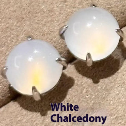 Chinese style chalcedony stud earrings with four-claw setting in emerald green, pink purple and milk white colours