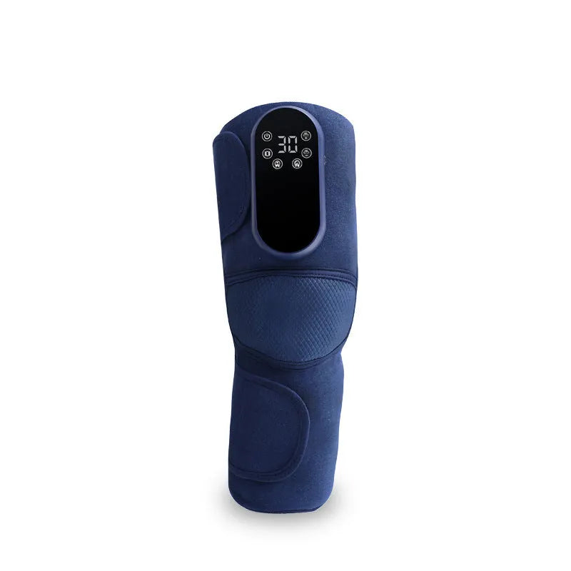 Blue self-heating knee massager showing airbag construction and control interface