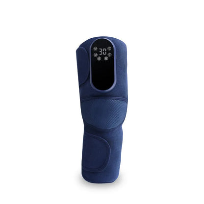Blue self-heating knee massager showing airbag construction and control interface