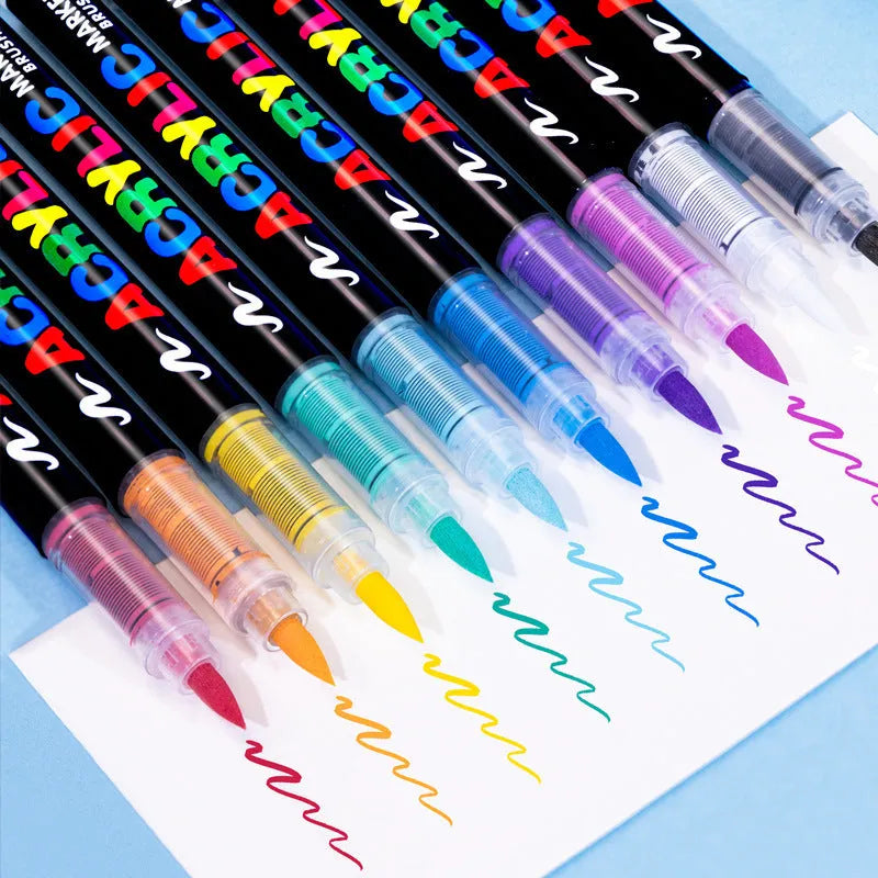 Acrylic marker pen with straight liquid tip for hand painting, graffiti art and canvas work in sets of 12, 24, 36, 48, 60 or 72 colours, featuring soft head design for smooth application and artistic expression