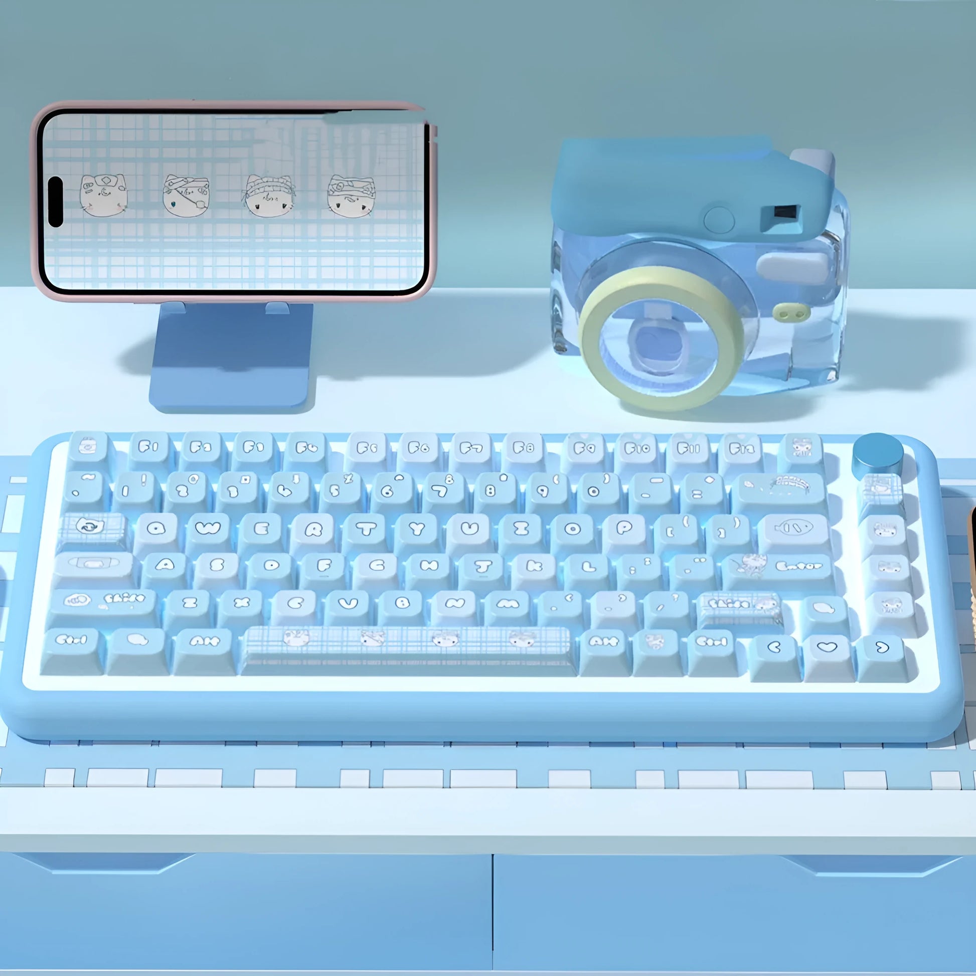 Watercolour kitten design custom keycap set for mechanical keyboards with sublimation print on PTB plastic