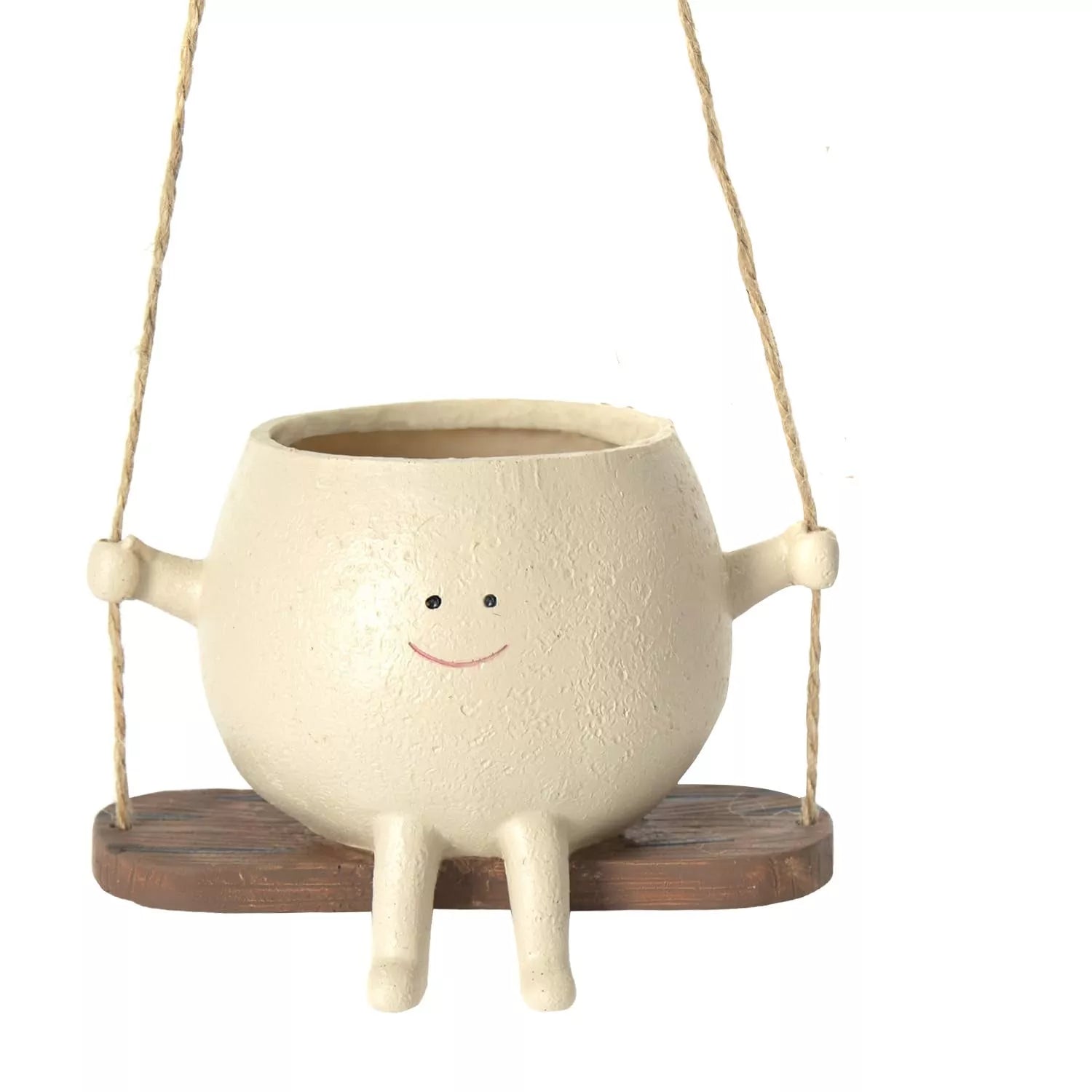 Swing face hanging flower pot with child's smiling design, made of durable resin