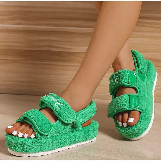 Women's Velcro Plush Rome Platform High Heel Sandals in black, blue, green, and orange