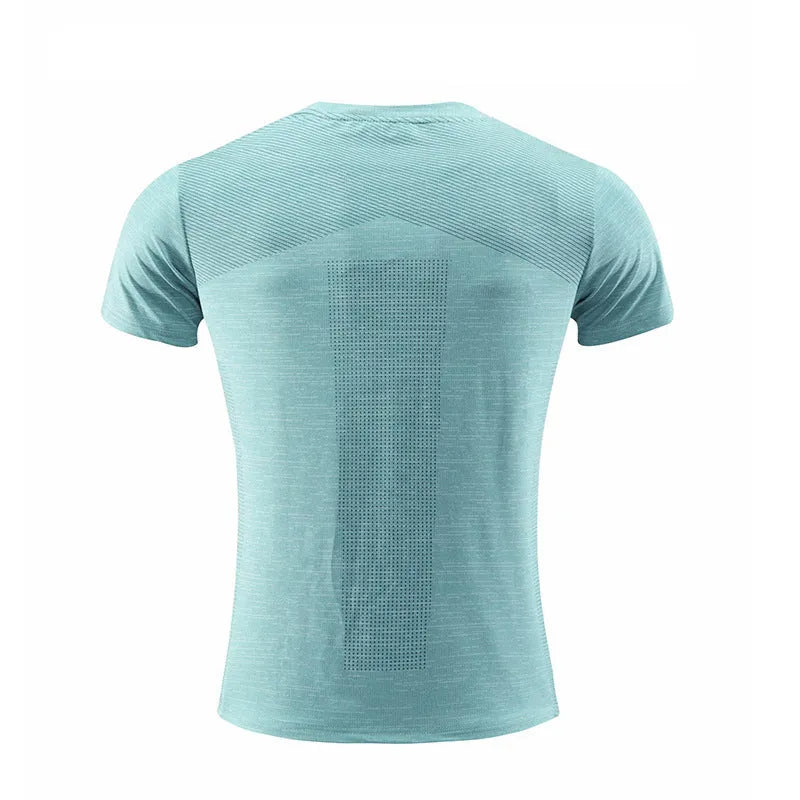 Man wearing a red short-sleeve polyester sports t-shirt for running or basketball workout.