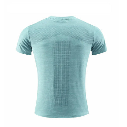 Man wearing a red short-sleeve polyester sports t-shirt for running or basketball workout.