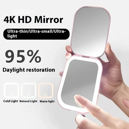 White foldable cosmetic mirror with LED lights showing 10.4x7.5cm glass lens and 105x75mm frame