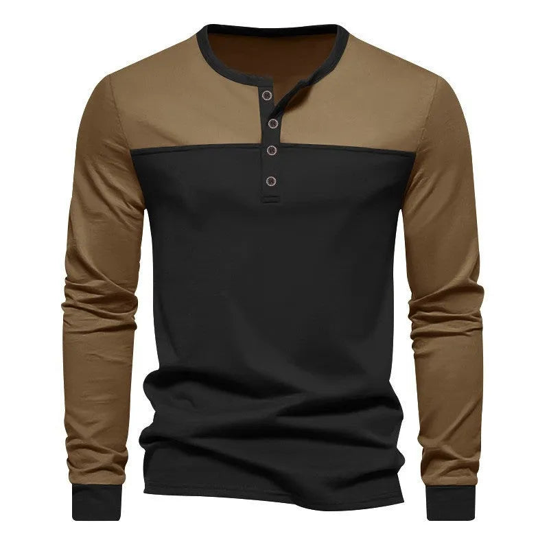 Long-sleeve henley collar casual shirt in solid colour, shown in available sizes and colours.
