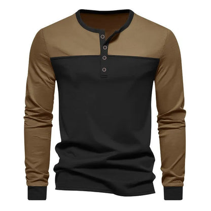 Long-sleeve henley collar casual shirt in solid colour, shown in available sizes and colours.