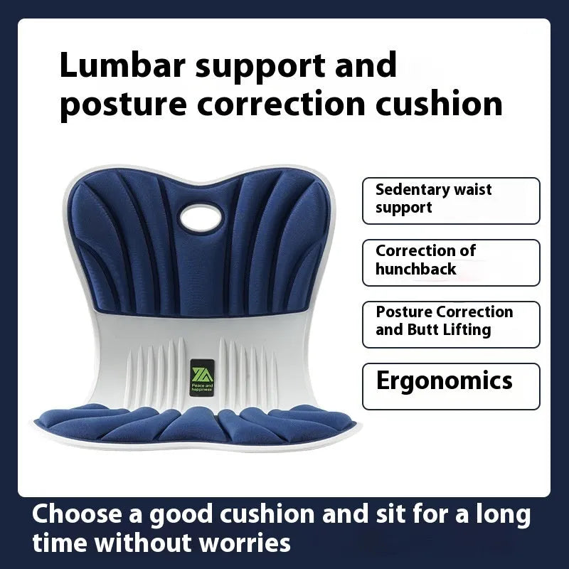 Ergonomic waist support seat cushion in grey, shown on an office chair.