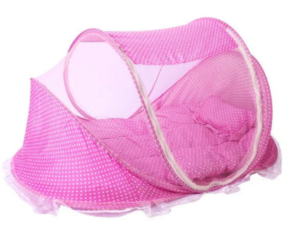 Breathable insect-free foldable baby travel cot with integrated mattress and pillow, available in blue, pink and blue-and-pink colour options