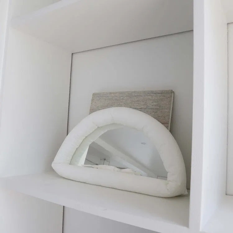 Hanging soft cotton-filled fabric mirror panel in solid colour, shown in white, black, and sapphire blue options.