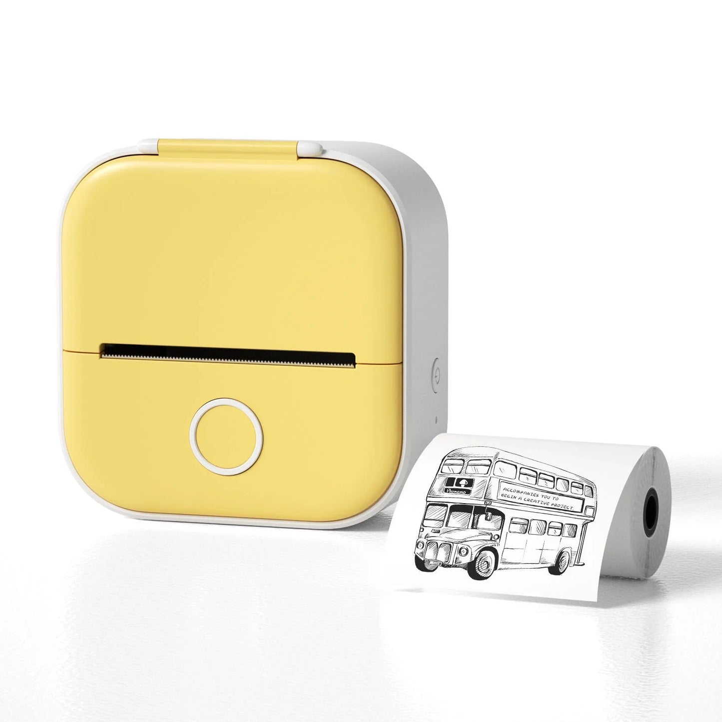 Compact Bluetooth-enabled thermal label printer in white, pink, and green colors with various label options