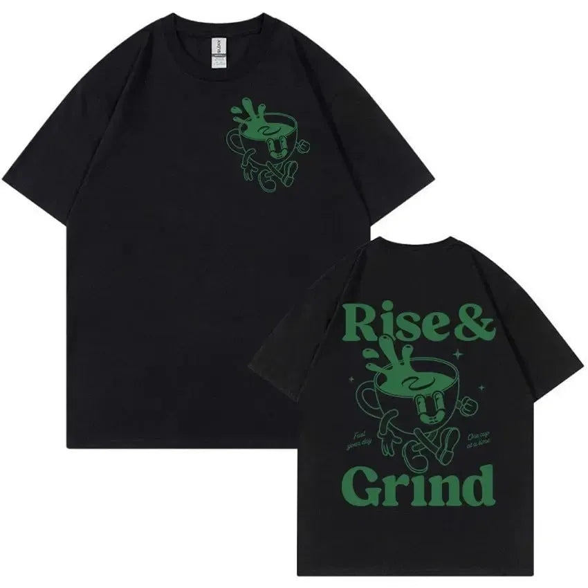 Men's loose grey linen t-shirt with a printed green coffee cartoon and 'Rise and Grind' text.