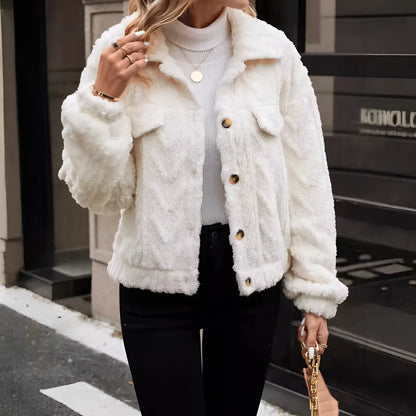 Ivory white women's button-front plush cardigan coat on a hanger