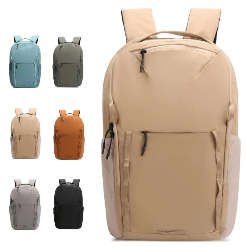 Business backpack for men and women in Taslan composite cloth with curved shoulder strap system and waterproof hard-wearing material, suitable for commuting and leisure travel with below 20L capacity in beige, dark grey, yellow, blue, green, or black.