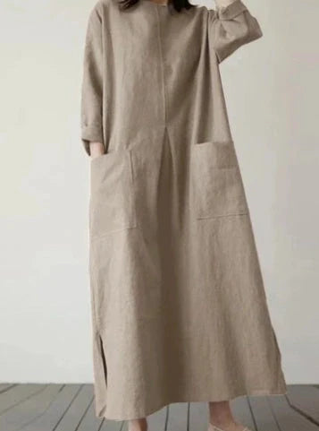 Elegant autumn dress made of premium cotton fabric, with a flattering wide waistline and available in a range of classic autumn colours.
