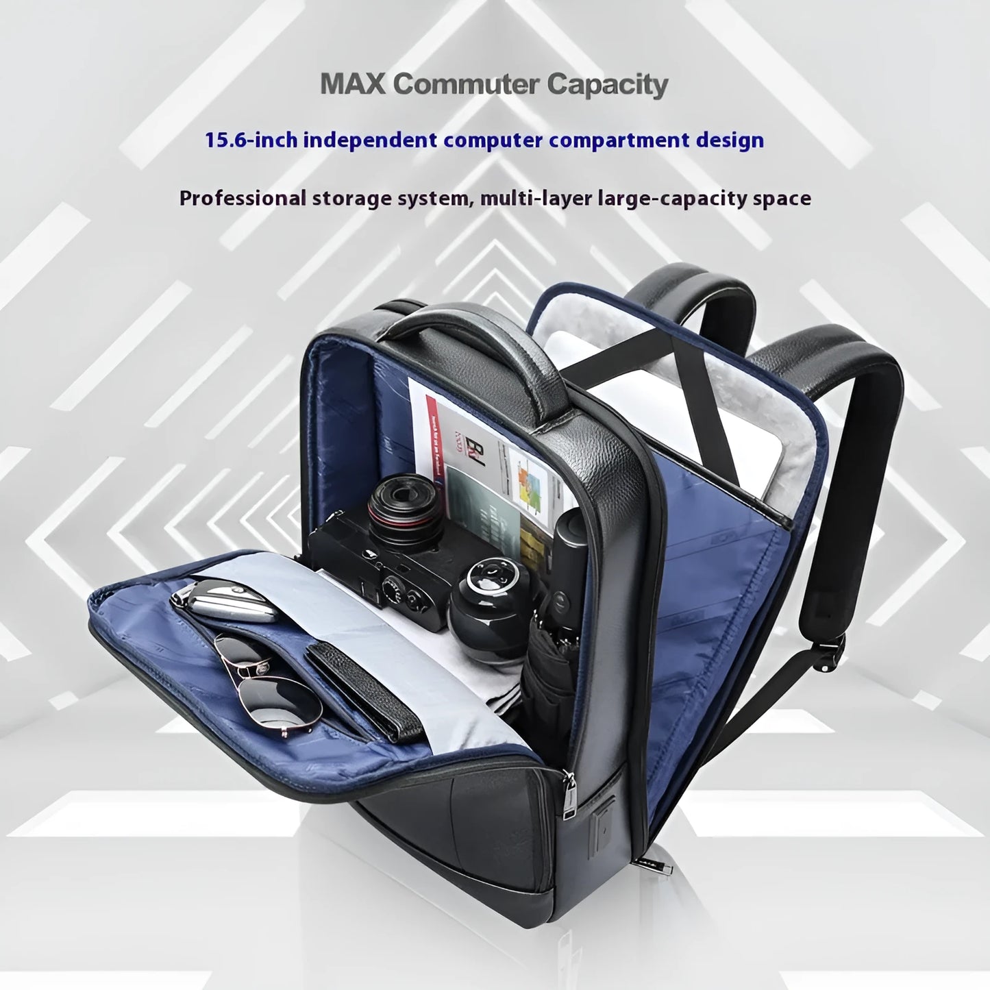 Black genuine leather commuter backpack with USB port and curved shoulder straps