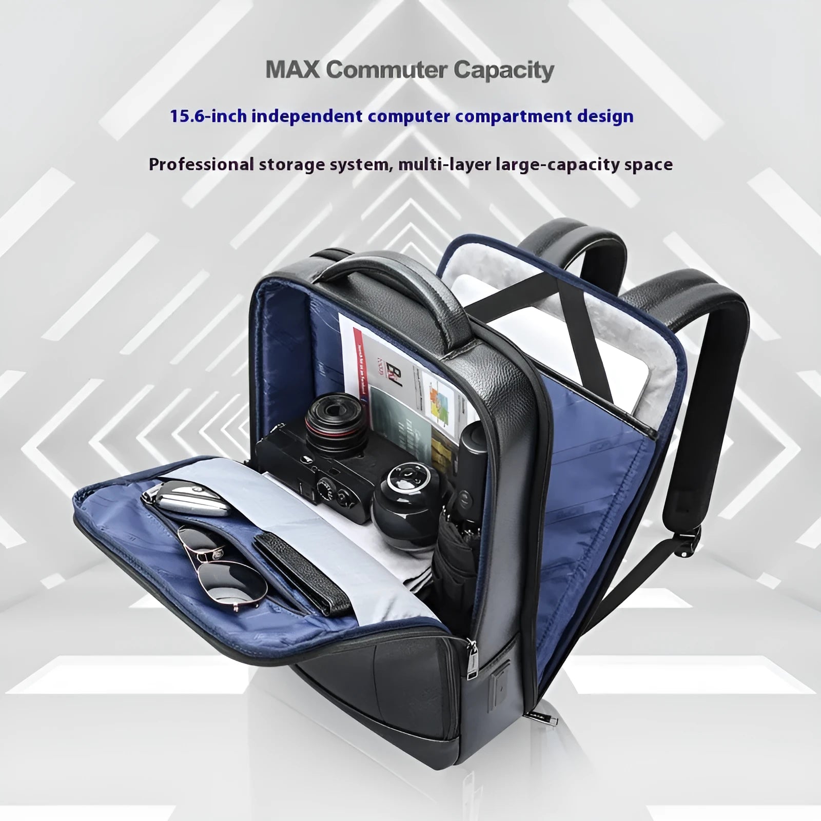 Black genuine leather commuter backpack with USB port and curved shoulder straps