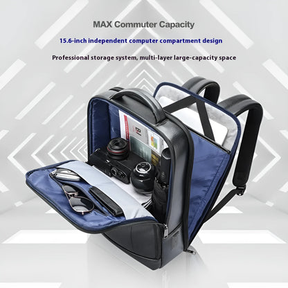 Black genuine leather commuter backpack with USB port and curved shoulder straps