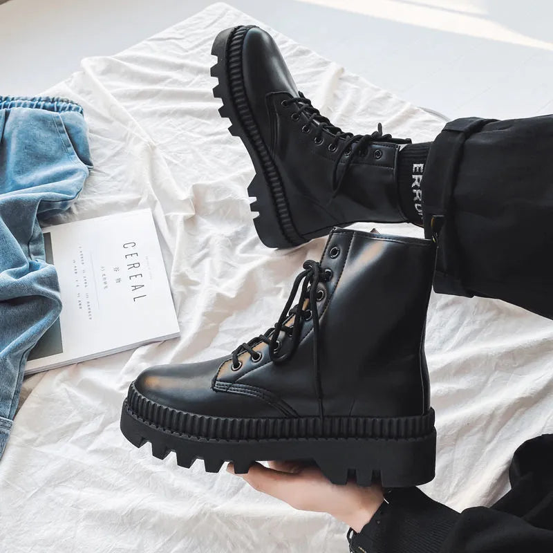 Men's black platform Doc Martens boots with rubber soles, cowhide frosted leather, high-top 8-hole design, and zipper closure.