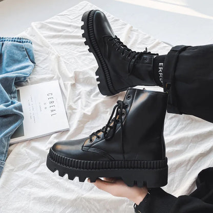 Men's black platform Doc Martens boots with rubber soles, cowhide frosted leather, high-top 8-hole design, and zipper closure.