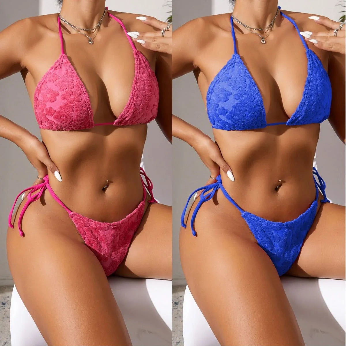 Women's bikini swimsuit with three-point lace-up detail in blue or rose red.