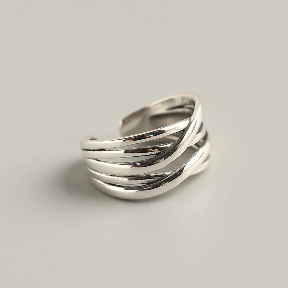 Women's S925 sterling silver ring with vintage weave pattern in retro silver colour