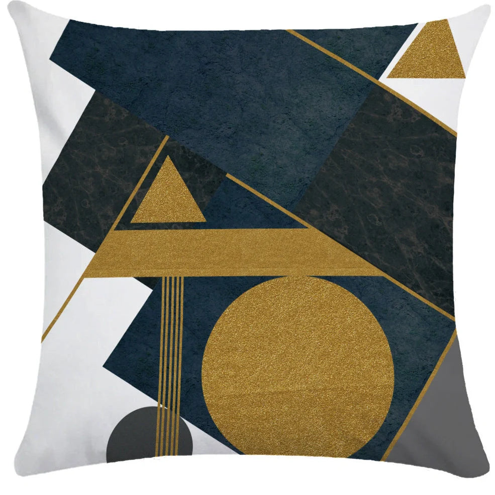 Geometric pattern throw pillow on office sofa showing 45x45cm size with ultra-flexible printing