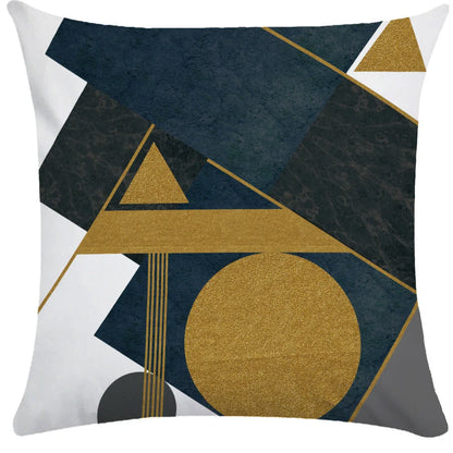Geometric pattern throw pillow on office sofa showing 45x45cm size with ultra-flexible printing