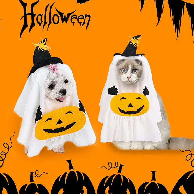 White pumpkin ghost Halloween costume suit for a dog on a mannequin