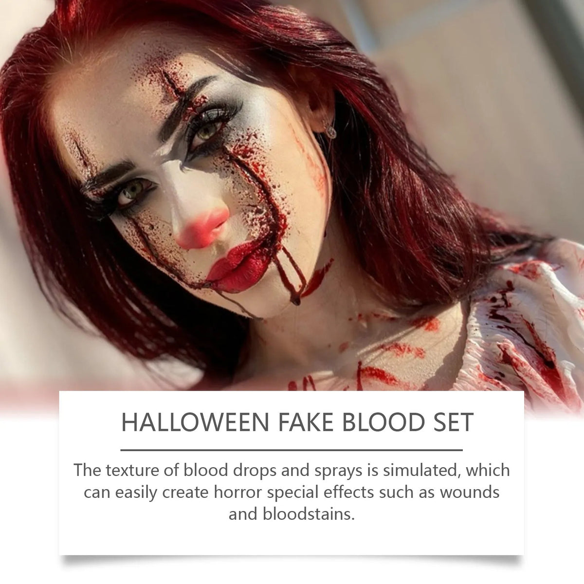 Three-piece washable fake blood set with plasma drops, plasma spray, and surface soap for horror effects